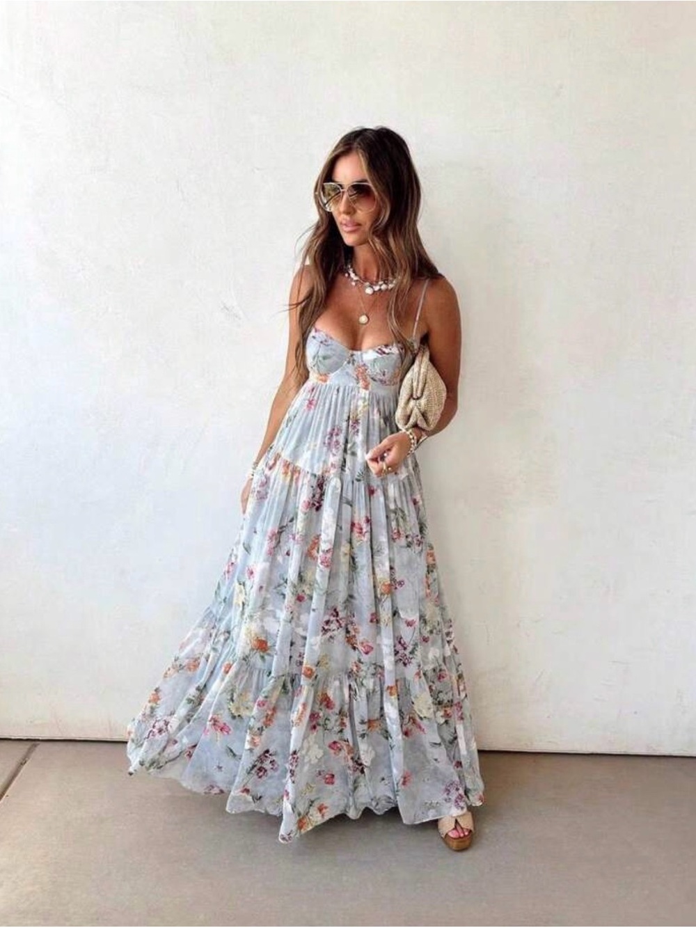 Light Blue Floral Maxi Dress with Spaghetti Straps